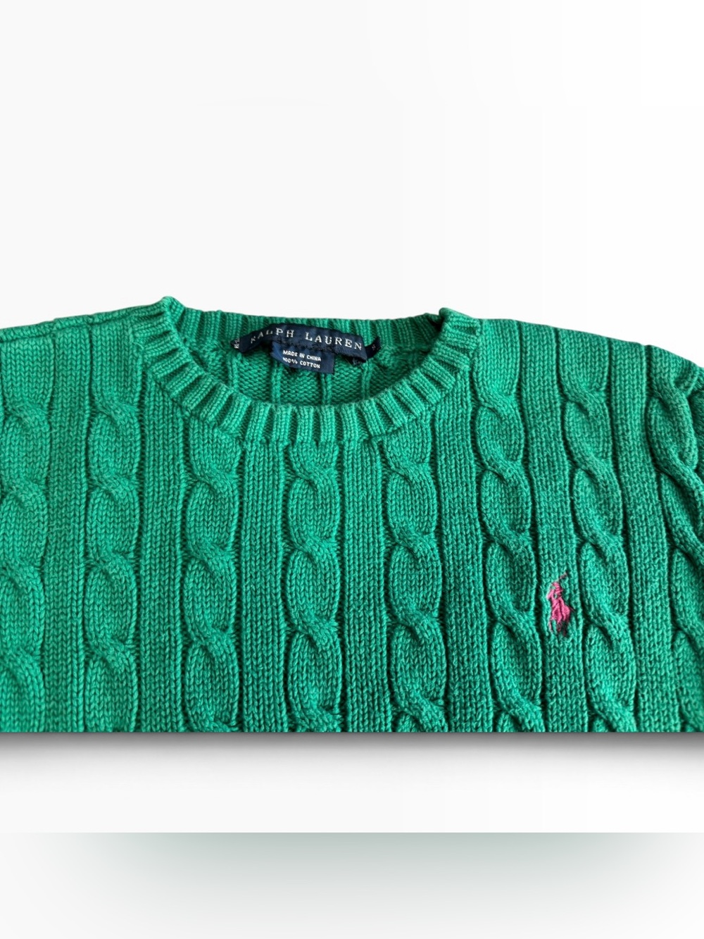 Ralph Lauren Cable Knit Sweater Green Pink Pony – Size Small - Picture 2 of 6